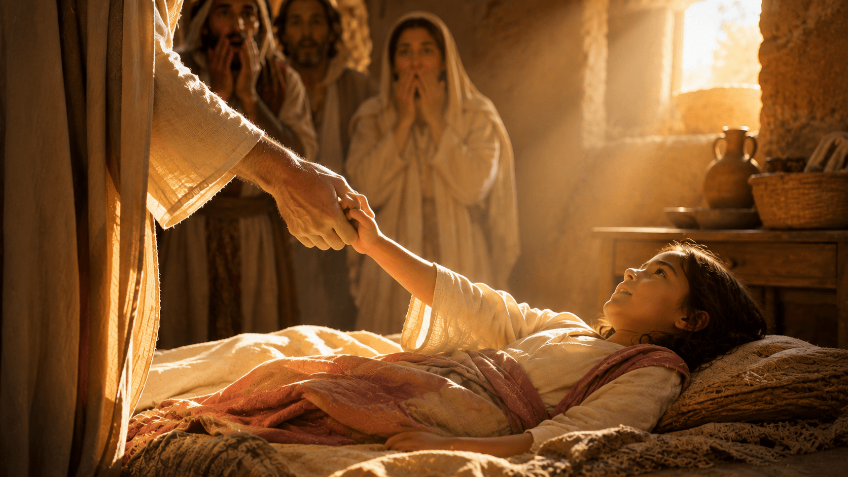 Jesus segura a mão da filha de Jairo erguendo-a do leito, cena da ressurreição Talitá cumi