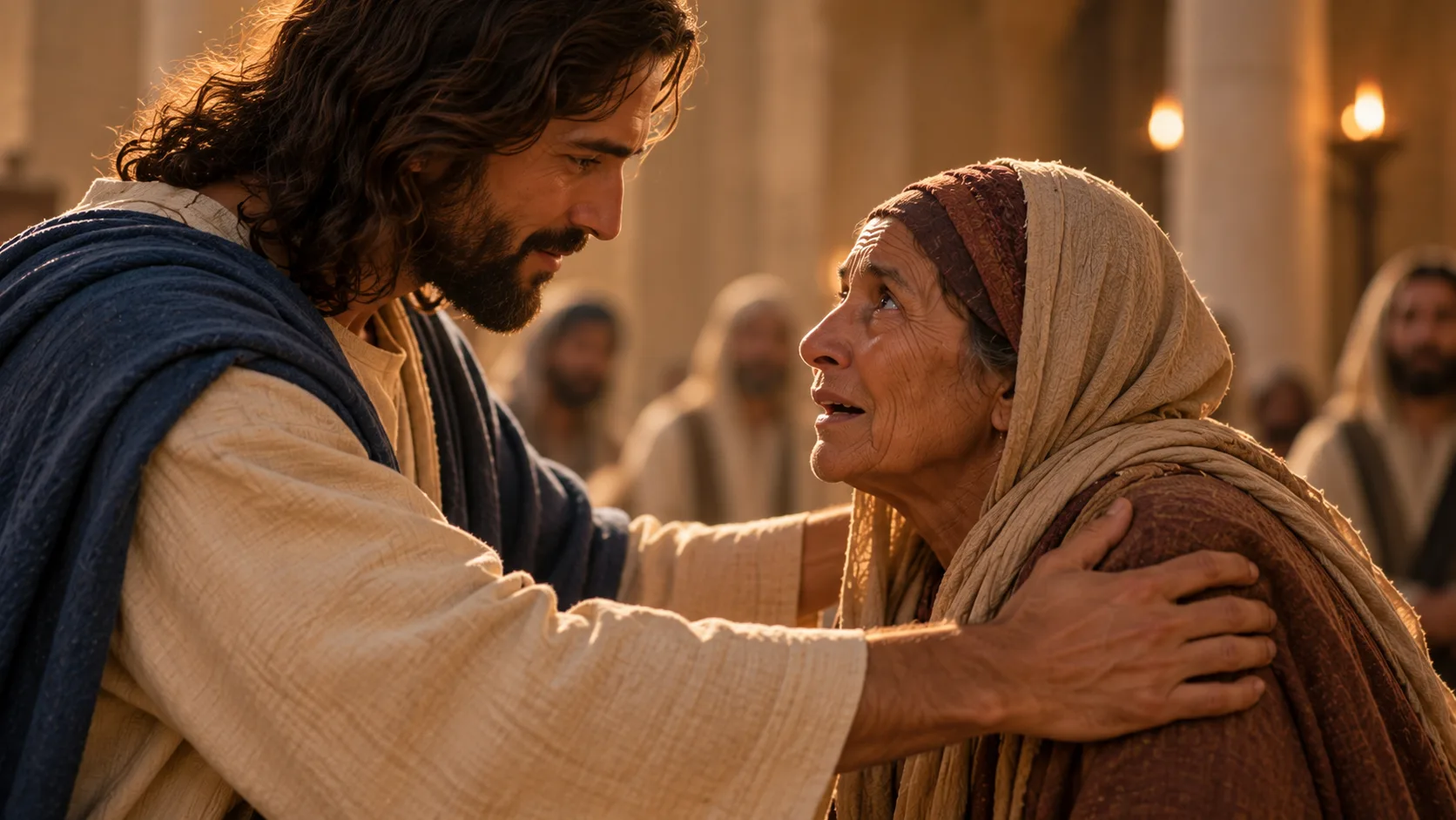 Jesus tocando os ombros da mulher curvada