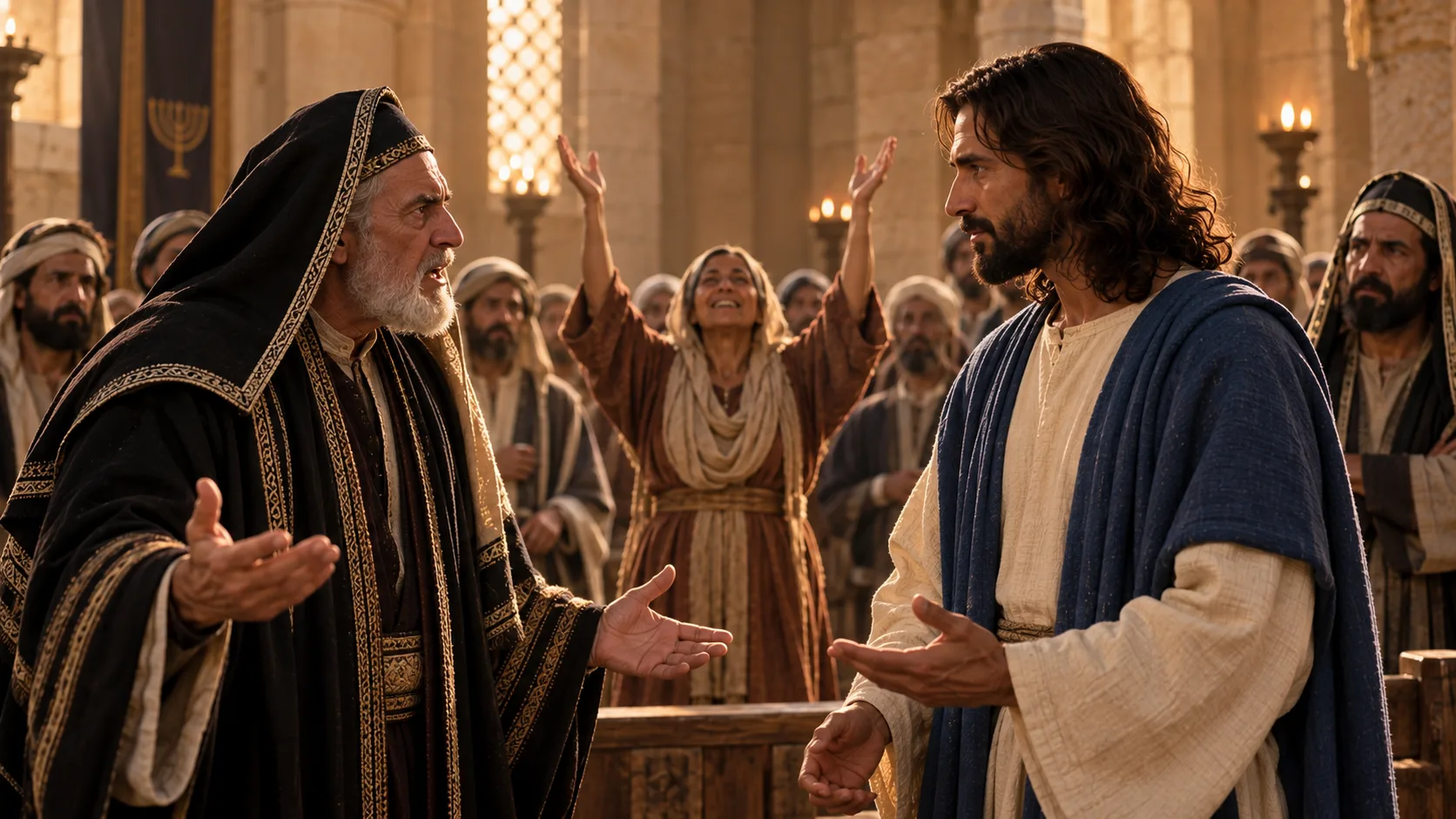 Chefe da sinagoga confrontando Jesus enquanto mulher curada louva ao fundo