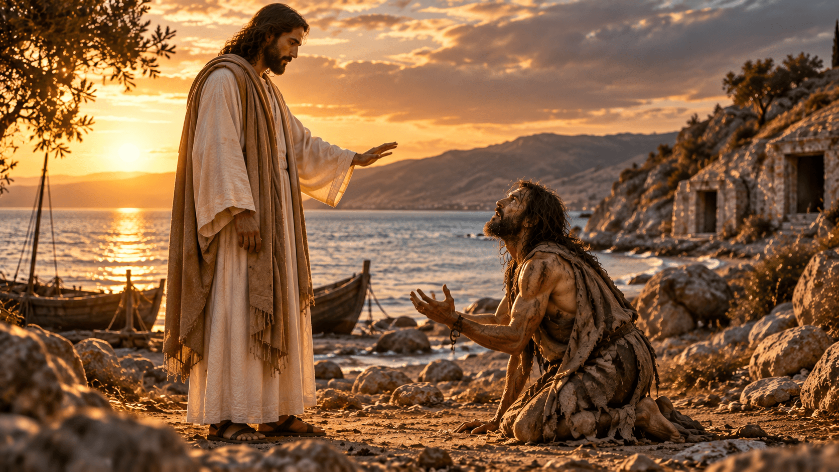 Jesus em pé com autoridade calma diante do homem ajoelhado, margem do lago da Galileia ao fundo