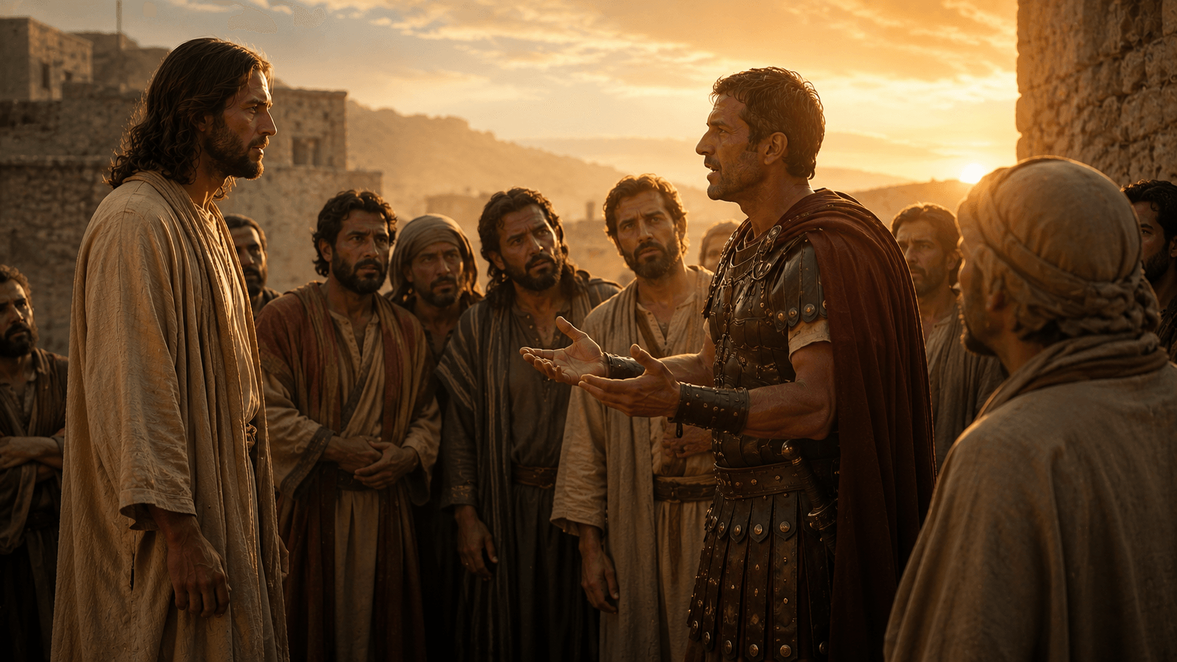 Jesus e discípulos admirados enquanto o centurião fala com convicção em Cafarnaum
