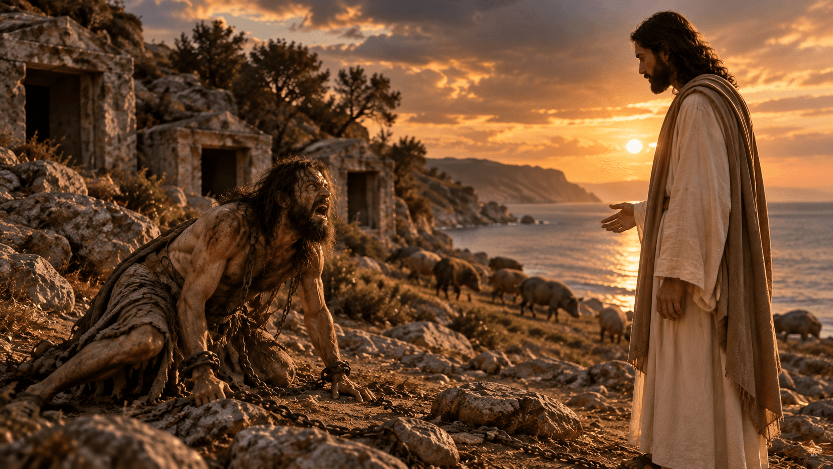 Jesus diante do endemoninhado gadareno entre os túmulos, região de Gerasa