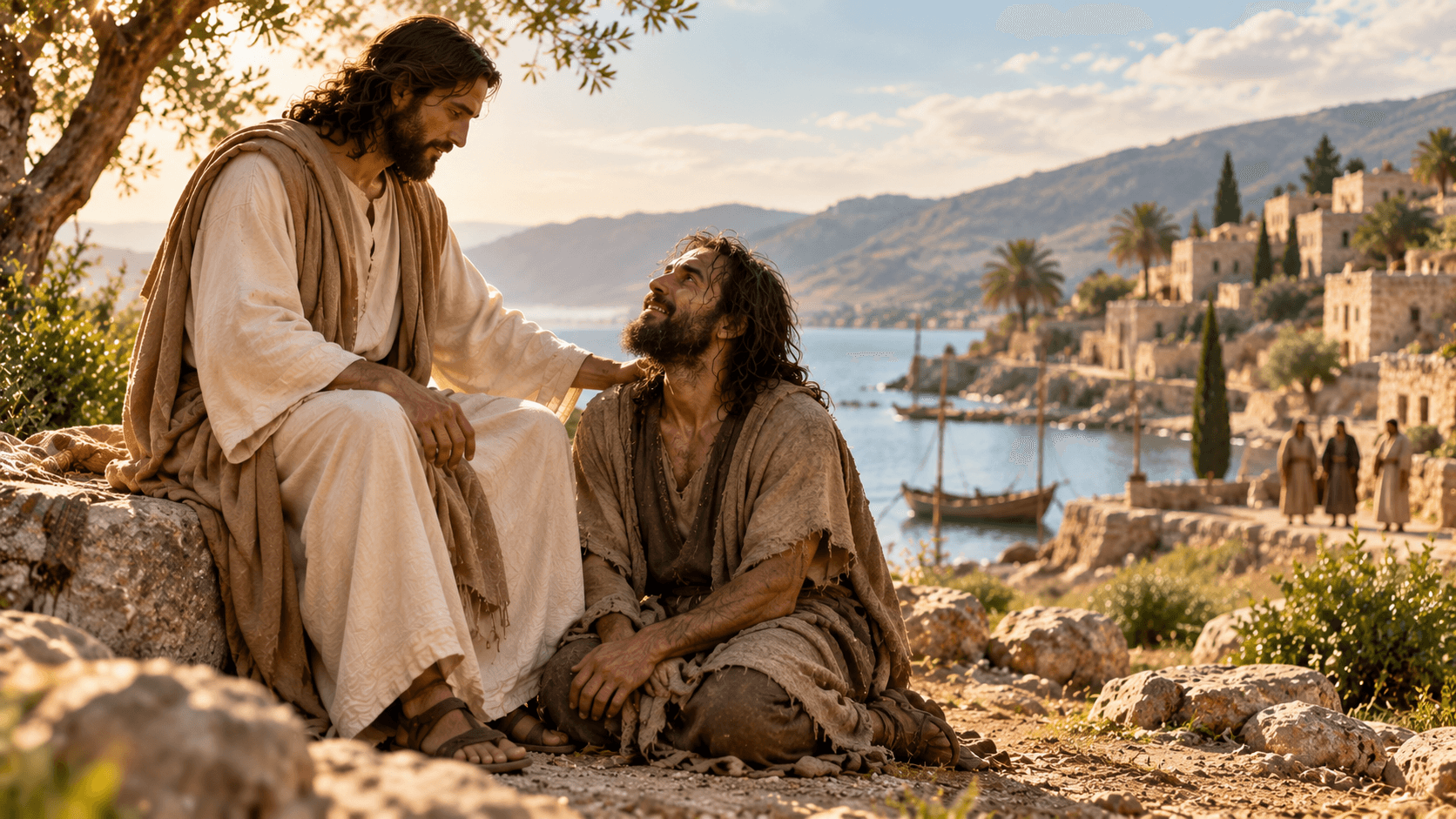 Homem vestido e em paz sentado aos pés de Jesus, expressão tranquila