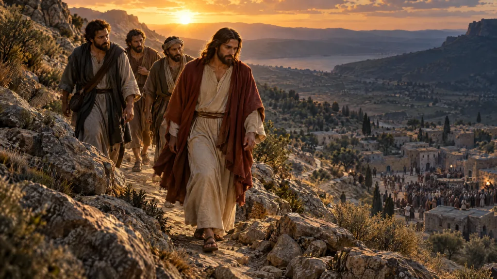 Jesus descendo do monte com Pedro, Tiago e João em direção a uma multidão no vale