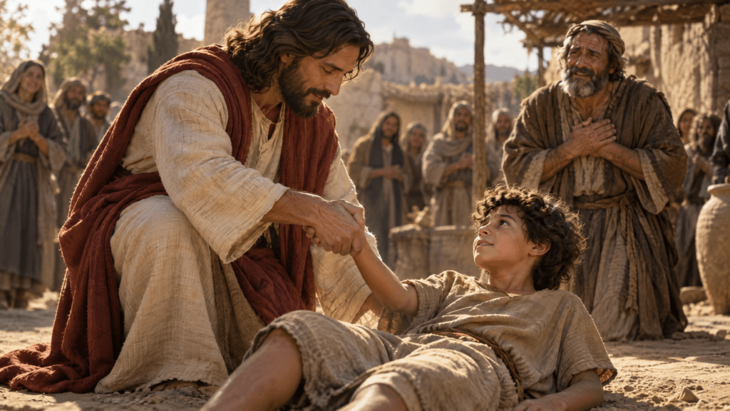 Jesus estendendo a mão para levantar o menino deitado no chão, enquanto o pai observa emocionado