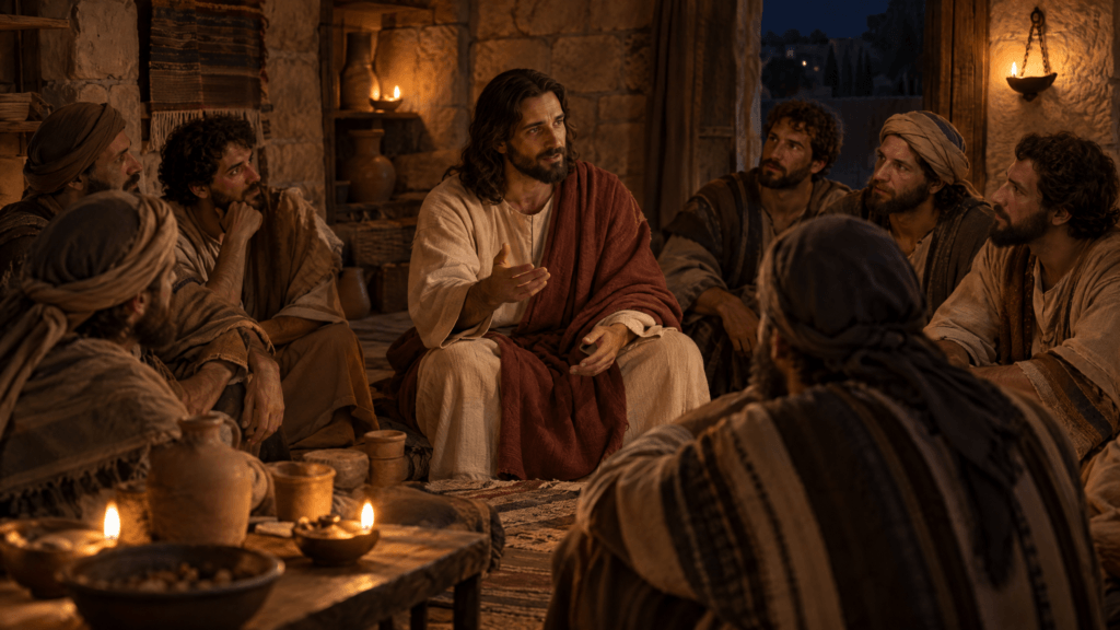 Discípulos reunidos em uma casa simples à luz de lamparina, conversando com Jesus em particular