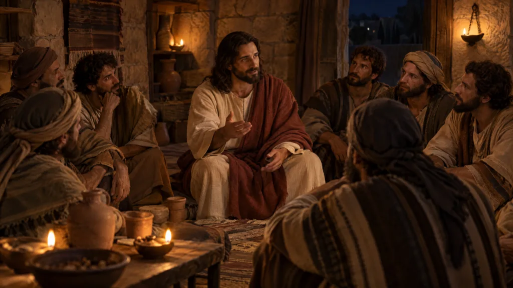 Discípulos reunidos em uma casa simples à luz de lamparina, conversando com Jesus em particular